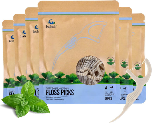 Plant Based Dental Floss Picks (300 Count) - Plant Based, Vegan, Eco Friendly, Sustainable Dental Flossers - Twin Floss (Mint)