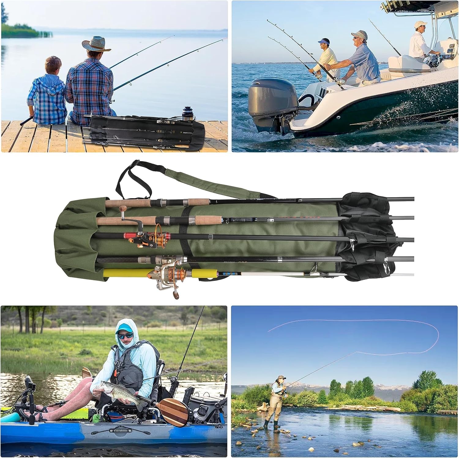 Fishing Rod Bag Durable Canvas Fishing Pole Bag Fishing Rod and Reel Organizer Bag Fishing Tackle Backpack with Rod Holder Fishing Pole Case for Men Fishing Gifts