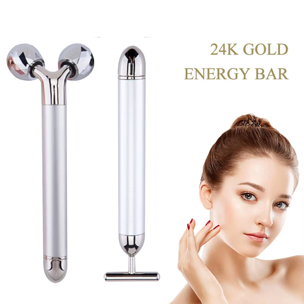 24K Golden Pulse Facial Face Massager 3D Roller Electric Sonic Energy & T Shape Arm Eye Nose Head Massager Face Lift Skin Care