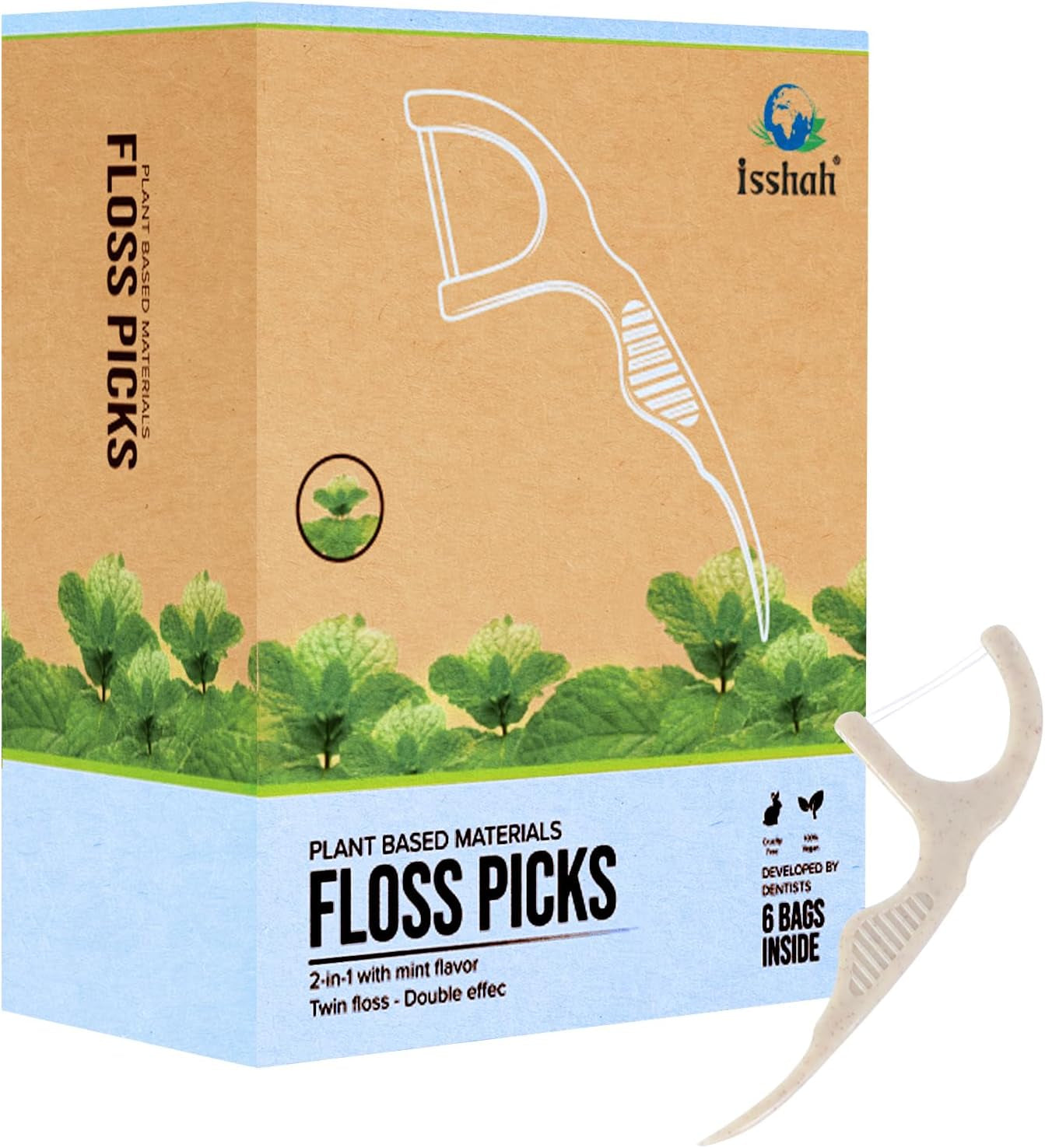 Plant Based Dental Floss Picks (300 Count) - Plant Based, Vegan, Eco Friendly, Sustainable Dental Flossers - Twin Floss (Mint)