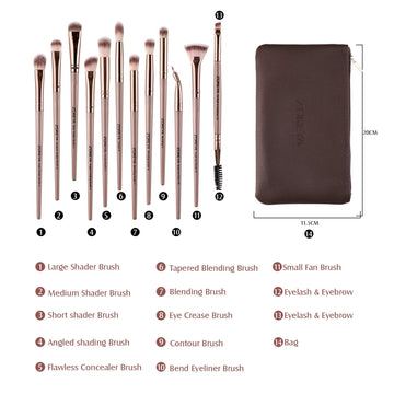 Eye Makeup Brushes, 12 Pcs Professional Eye Brush Set Eyeshadow, Eyebrow, Blending, Fan, Eyelash Brush Set with Carrying Bag(Champagne Gold)