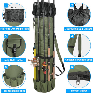 Fishing Rod Bag Durable Canvas Fishing Pole Bag Fishing Rod and Reel Organizer Bag Fishing Tackle Backpack with Rod Holder Fishing Pole Case for Men Fishing Gifts