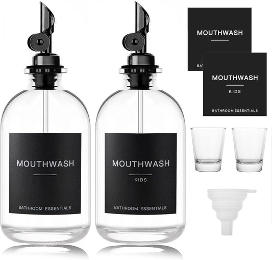 Black Glass Mouthwash Dispenser with Cups, 12.7 Oz, 2 Pack - Clear Mouthwash Bottle with 304 Stainless Steel Spout & Minimalist Labels, Style Mouthwash Container for Bathroom