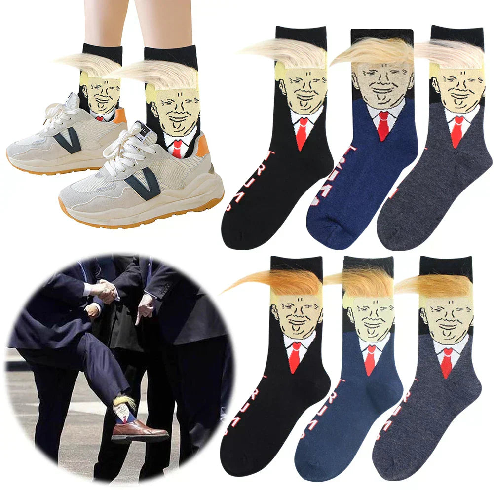 Trump Socks with Hair Trump Face Compression Socks Soft Funny Wig Socks Fashion Street Style Socks for Outdoor Sports