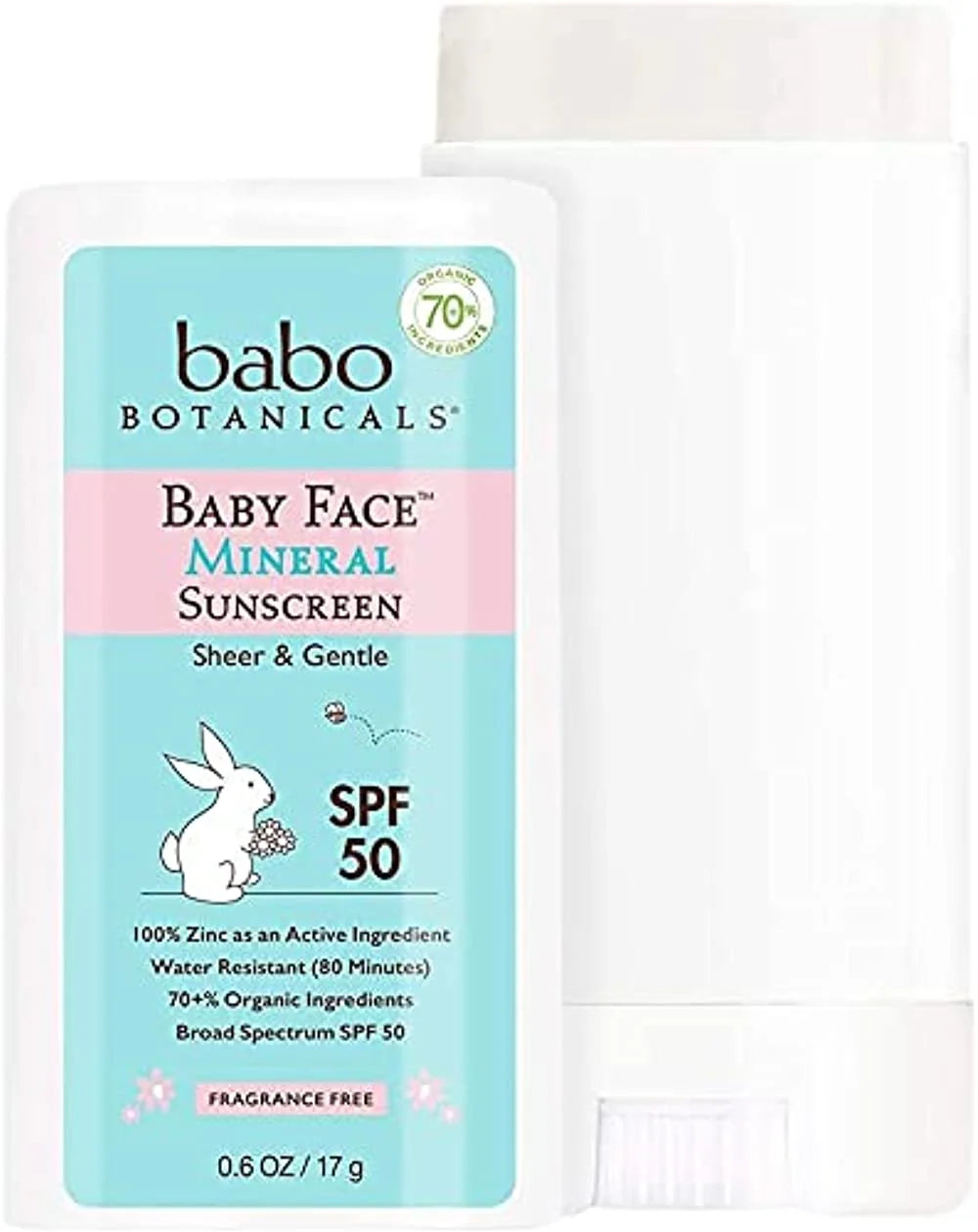 Baby Face Mineral Sunscreen Stick SPF 50 – with 70+% Organic Ingredients & Zinc Active – Water-Resistant, Reef-Friendly & Fragrance-Free – 0.6 Oz, 1-Pack, 8065AMZ