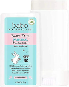 Baby Face Mineral Sunscreen Stick SPF 50 – with 70+% Organic Ingredients & Zinc Active – Water-Resistant, Reef-Friendly & Fragrance-Free – 0.6 Oz, 1-Pack, 8065AMZ