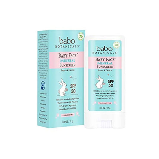 Baby Face Mineral Sunscreen Stick SPF 50 – with 70+% Organic Ingredients & Zinc Active – Water-Resistant, Reef-Friendly & Fragrance-Free – 0.6 Oz, 1-Pack, 8065AMZ