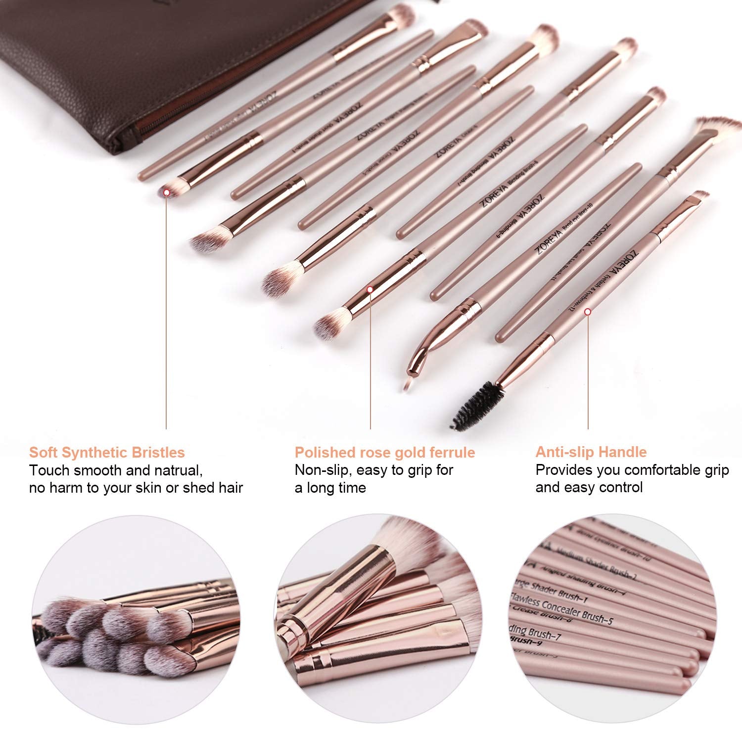 Eye Makeup Brushes, 12 Pcs Professional Eye Brush Set Eyeshadow, Eyebrow, Blending, Fan, Eyelash Brush Set with Carrying Bag(Champagne Gold)